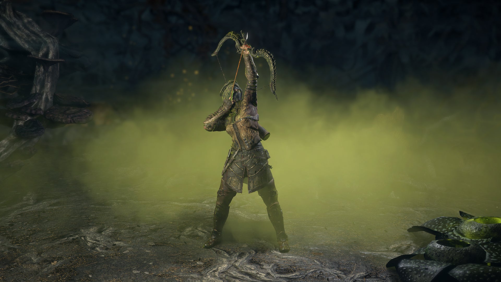 The ranger aims a bow skyward while standing amid a cloud of gas in Path of Exile 2. - 4