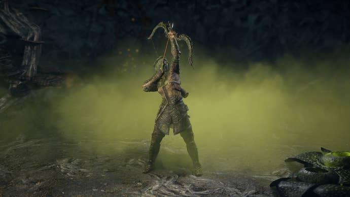 The ranger aims a bow skyward while standing amid a cloud of gas in Path of Exile 2.