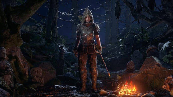 The Ranger stands by a fire in the Path of Exile 2 character select screen.