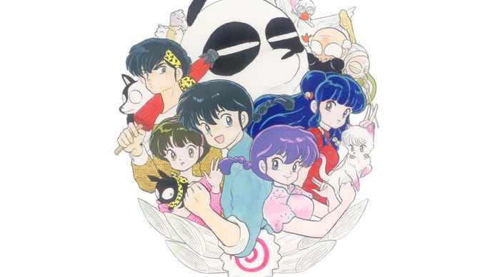 The main cast of Ranma 1/2 in a floating heads poster.