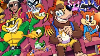 Artwork showing classic Rare characters including Conker, Banjo, Kazooie, and more.
