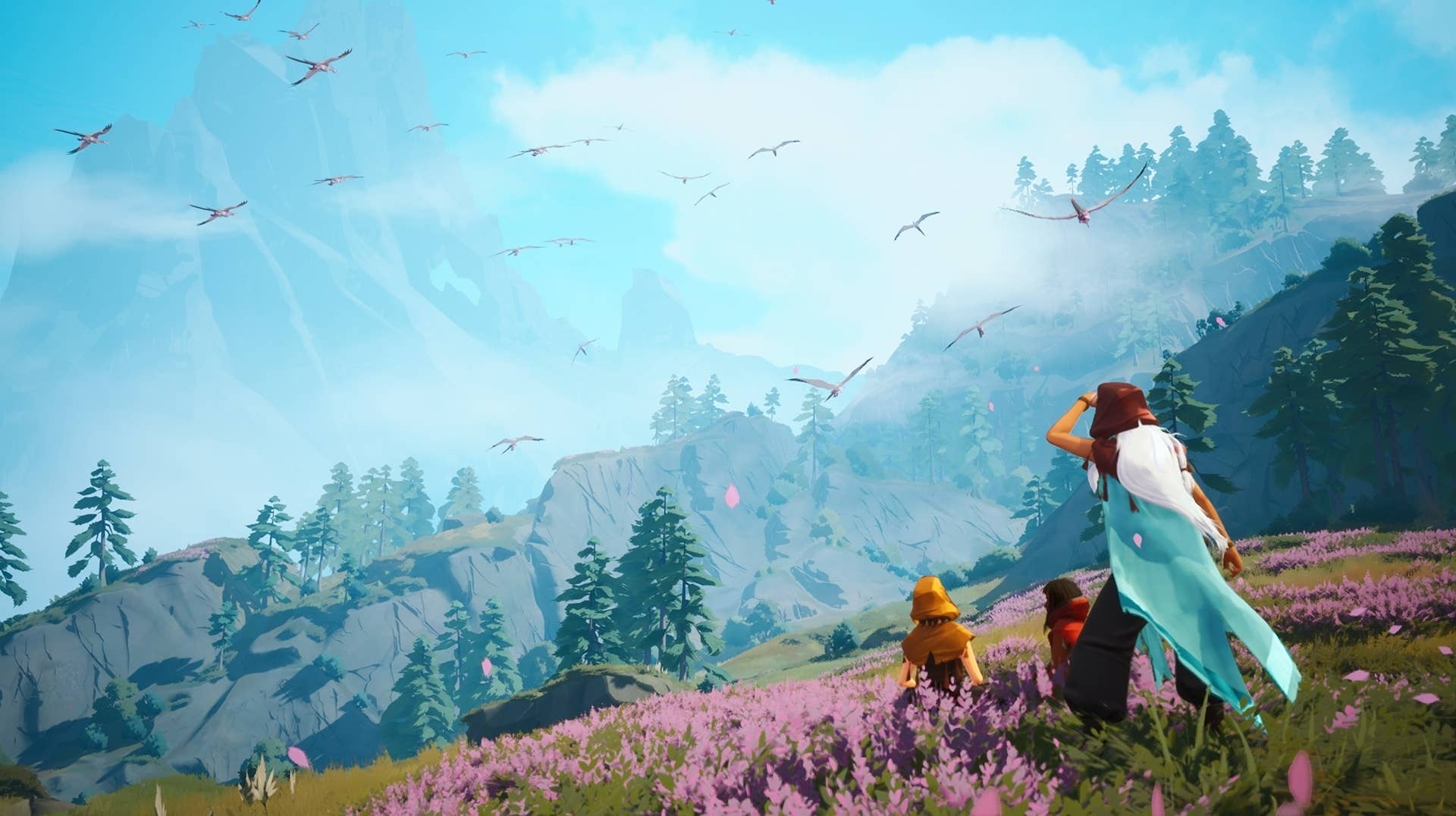 Everwild official image showing a main character and creatures to the right, overlooking colourful landscape of distant forest and hilsl with birds in a blue lightly cloudy sky.