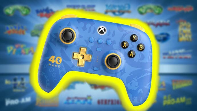 Image of leaked Rare-themed controller on a background showing titles of Rare's games