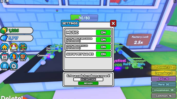 The codes menu underneath the settings options in Rarity Factory Tycoon.