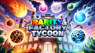 Artwork for Roblox game Rarity Factory Tycoon, showing the game's logo and a factory which has colorful comets surrounding it.