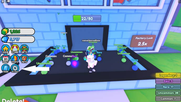 Arrow pointing at the button players need to press to head towards the codes menu in Rarity Factory Tycoon.