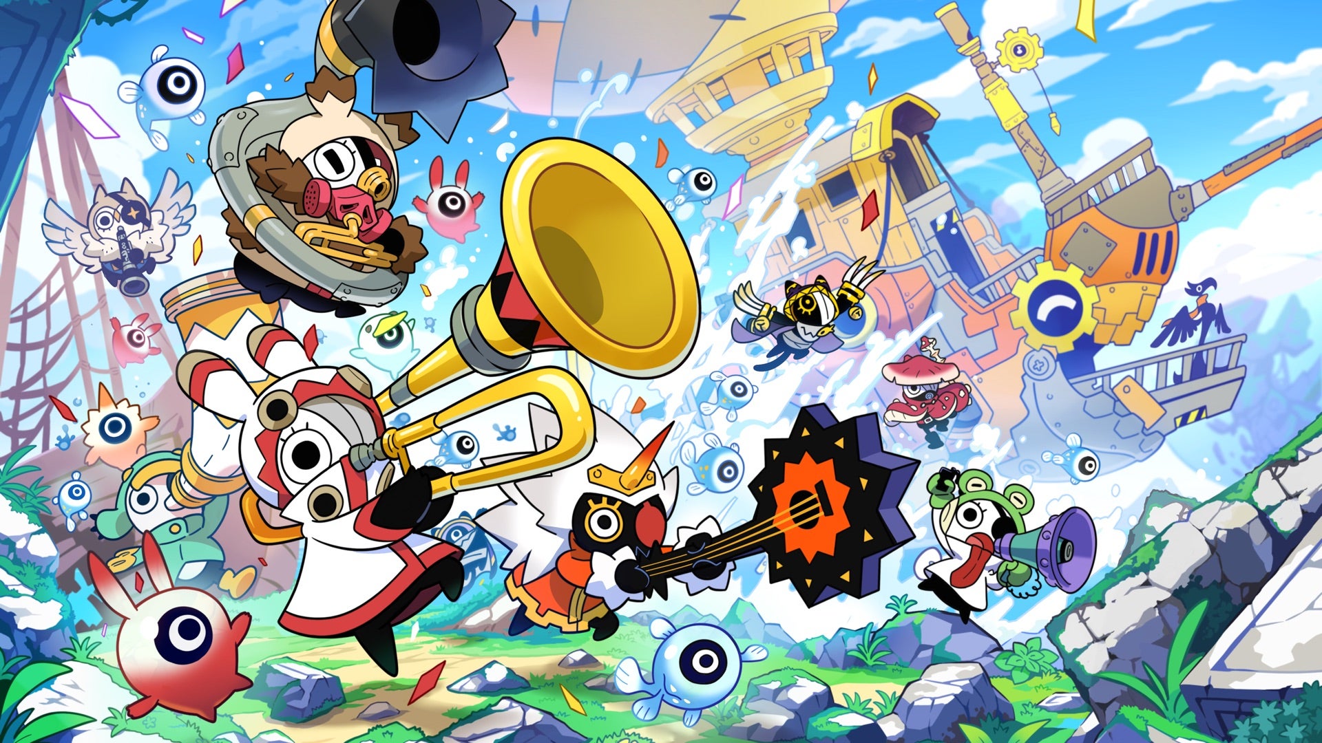 Colourful promotional art for Ratatan showing a heaving throng of Cubon battling against enemies as they march across a lush green lansdcape while an airship follows alongside in the bright blue sky.