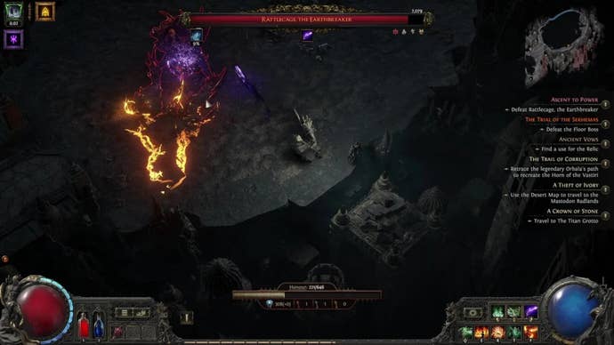 Fighting Rattlecage the Earthbreaker, the final boss of the Trial of the Sekhemas in Path of Exile 2.