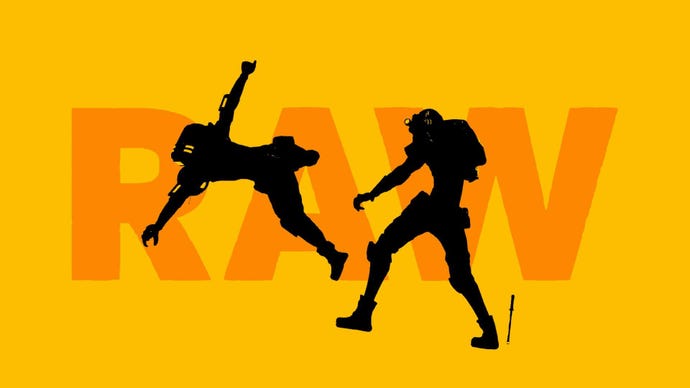 A stylish yellow banner that says "Raw", with Raw Metal characters fighting overlaid on top of it.