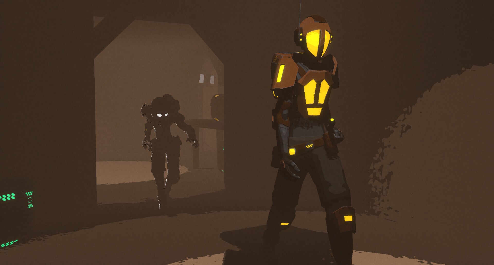 A miner sneaks up on a miner bot in the dark in Raw Metal - 30