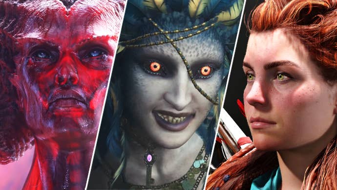 A trio of women’s faces, including Lilith from Diablo 4, Aloy from Horizon Forbidden West, and a character with glowing eyes from Dragon’s Dogma 2.