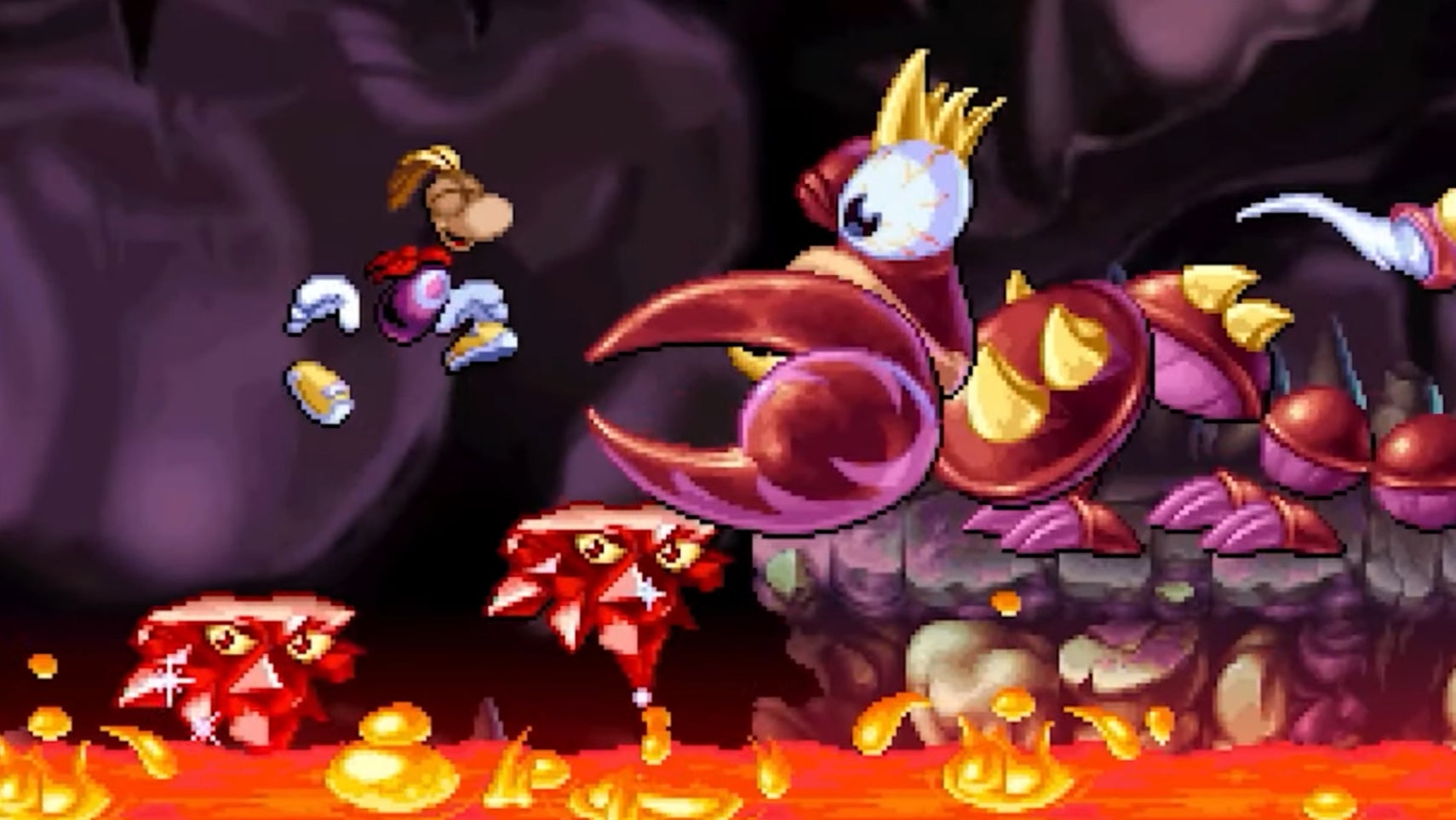Rayman: 30th Anniversary Edition screenshot showing Rayman bounding across lava toward a large creature with giant pincers.