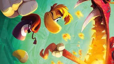 Rayman Legends artwork showing Rayman swinging a fist at a fire-belching red dragon.