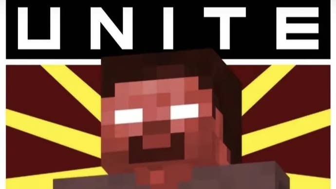 A parodic Minecraft revolutionary poster showing the mascot Steve with a “Unite” banner behind them