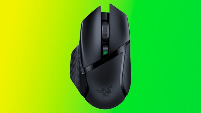 Image of a Razer Basilisk X Hyperspeed on a yellow-to-green gradient background
