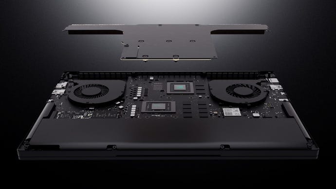 A blown-out Razer Blade 14 render showings its vapor chamber and CPU and GPU location.