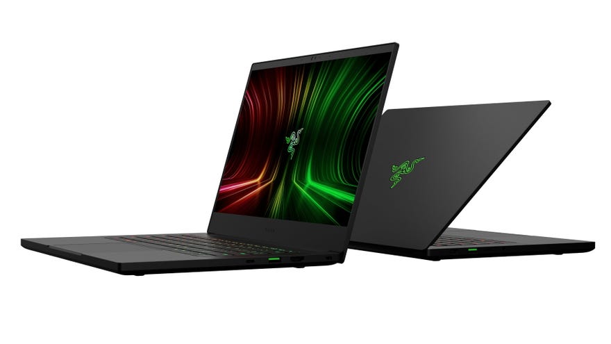 A render of Razer’s Blade 14 gaming laptop from the front and back