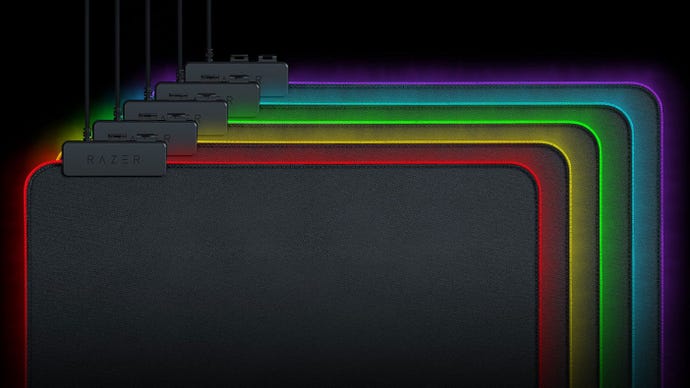 Glowing Razer Goliathus Chroma mousepads.