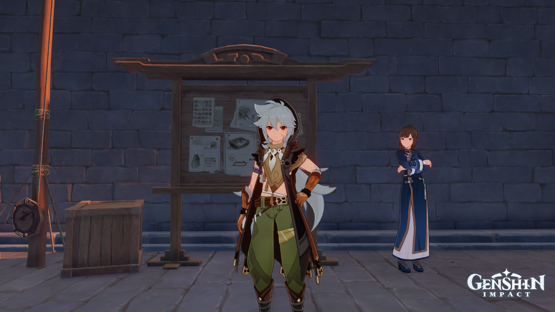 Razor standing in front of Liyue&rsquo;s Reputation Board and Ms. Yu in Genshin Impact.