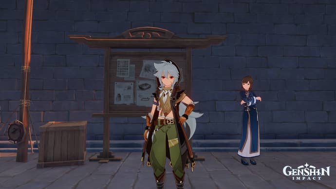 Razor standing in front of Liyue’s Reputation Board and Ms. Yu in Genshin Impact.