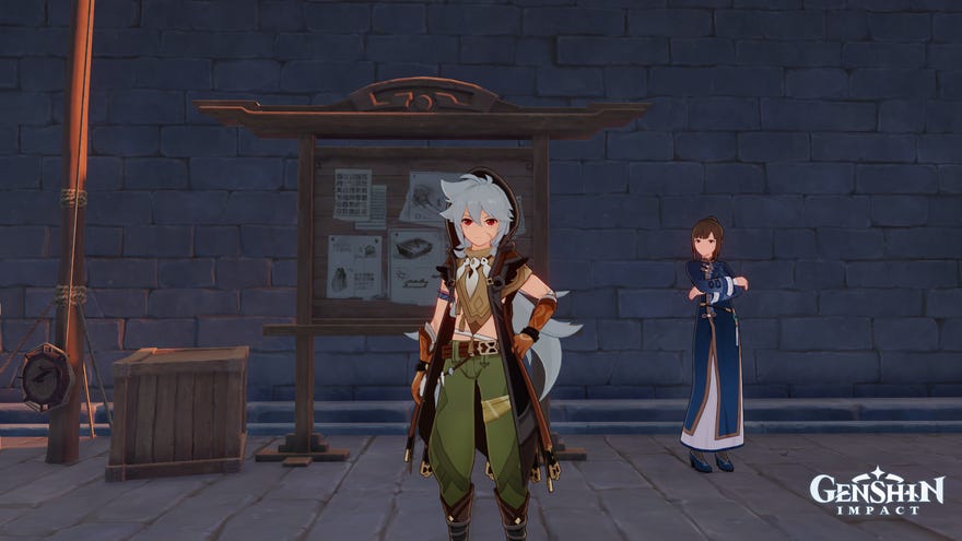 Razor standing in front of Liyue’s Reputation Board and Ms. Yu in Genshin Impact.