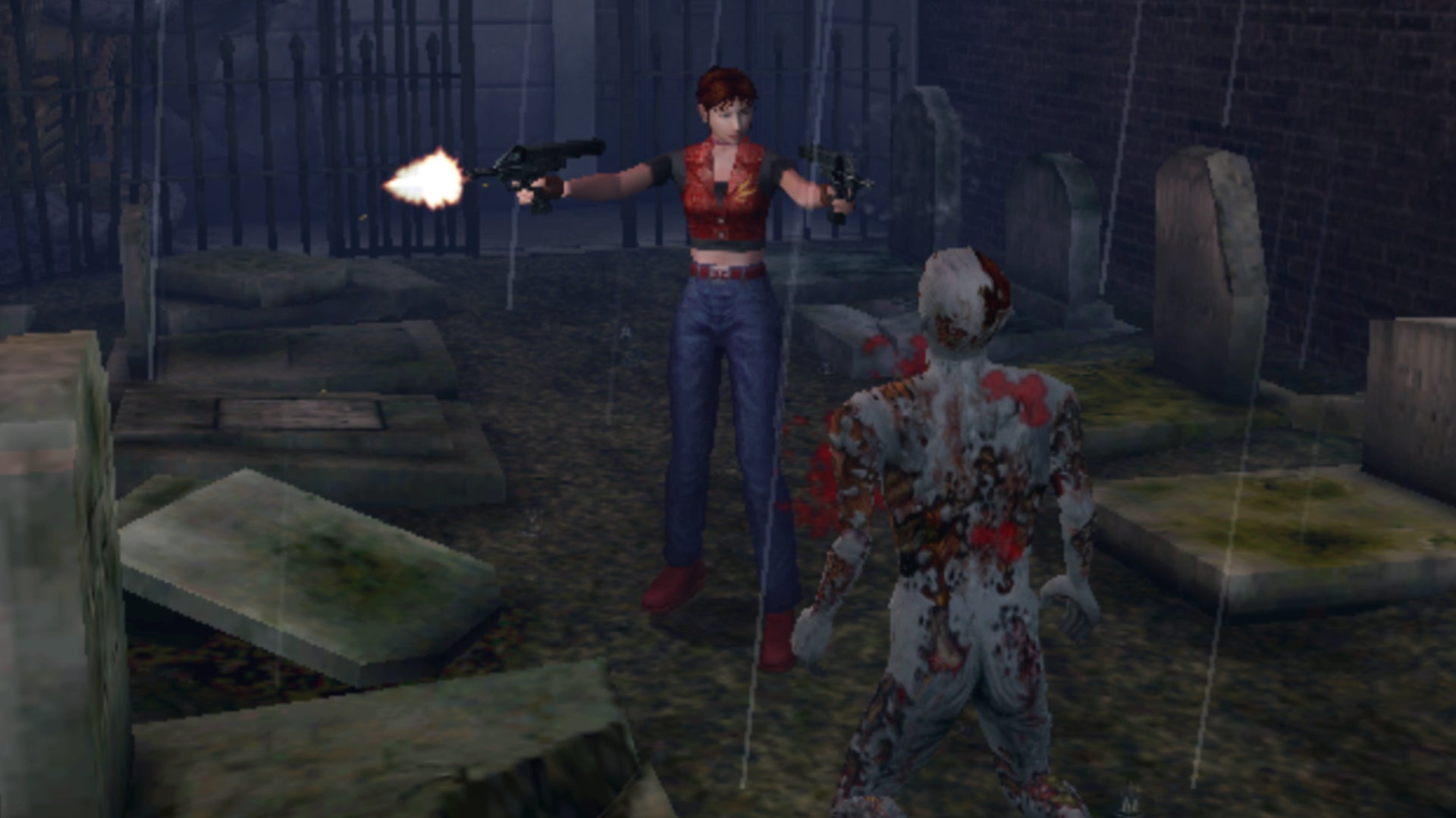 Claire Redfield shoots a zombie with two semi-autos in Resident Evil - Code: Veronica.