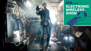 Ready Player One protagonist Wade Watts stands in his ramshackle home, playing VR. The RPS Electronic Wireless Show logo is added in the top-right corner.