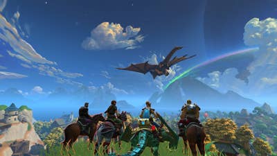 Realm Royale Reforged screenshot with four players on horseback on a cliff's edge, looking out across a world under a bright blue sky with a few scattered clouds. A dragon flies away from them a little in the distance