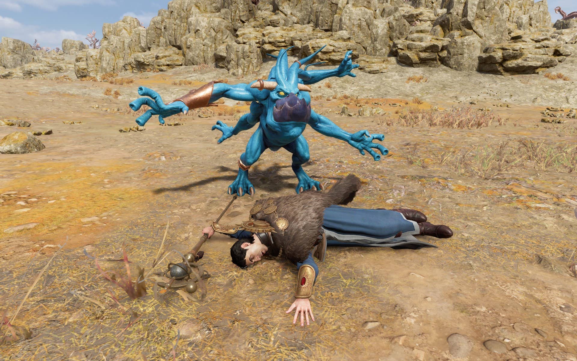 Your main magic caster lies dead at the feet of a Tzeentch minion in the Warhammer Age Of Sigmar: Realms Of Ruin's level editor photo mode.