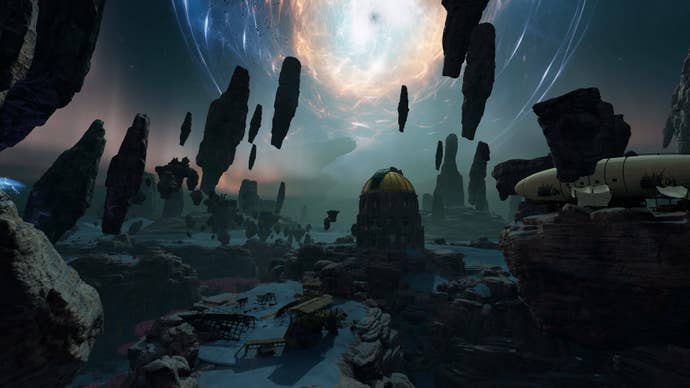 A landscape of floating rock at night with a huge swirling star in the centre in Nightingale