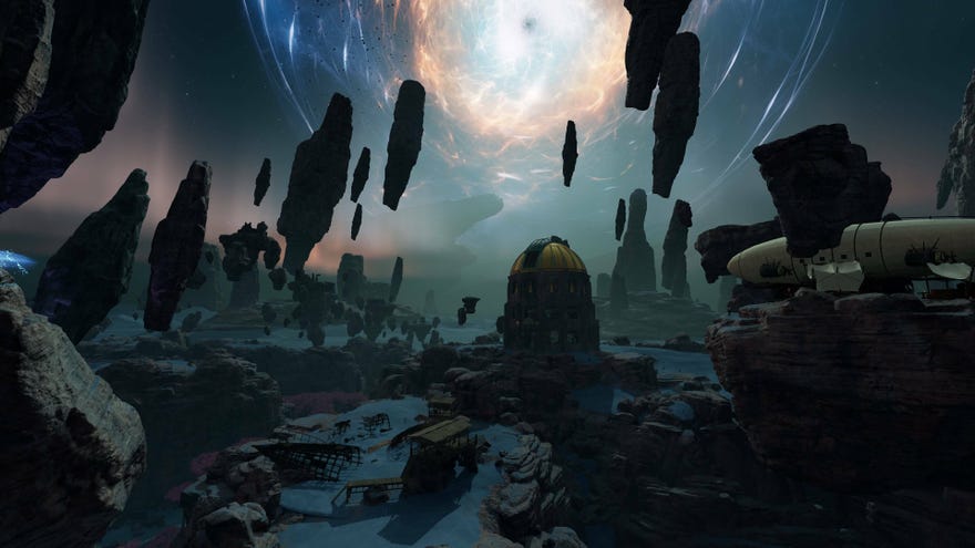 A landscape of floating rock at night with a huge swirling star in the centre in Nightingale