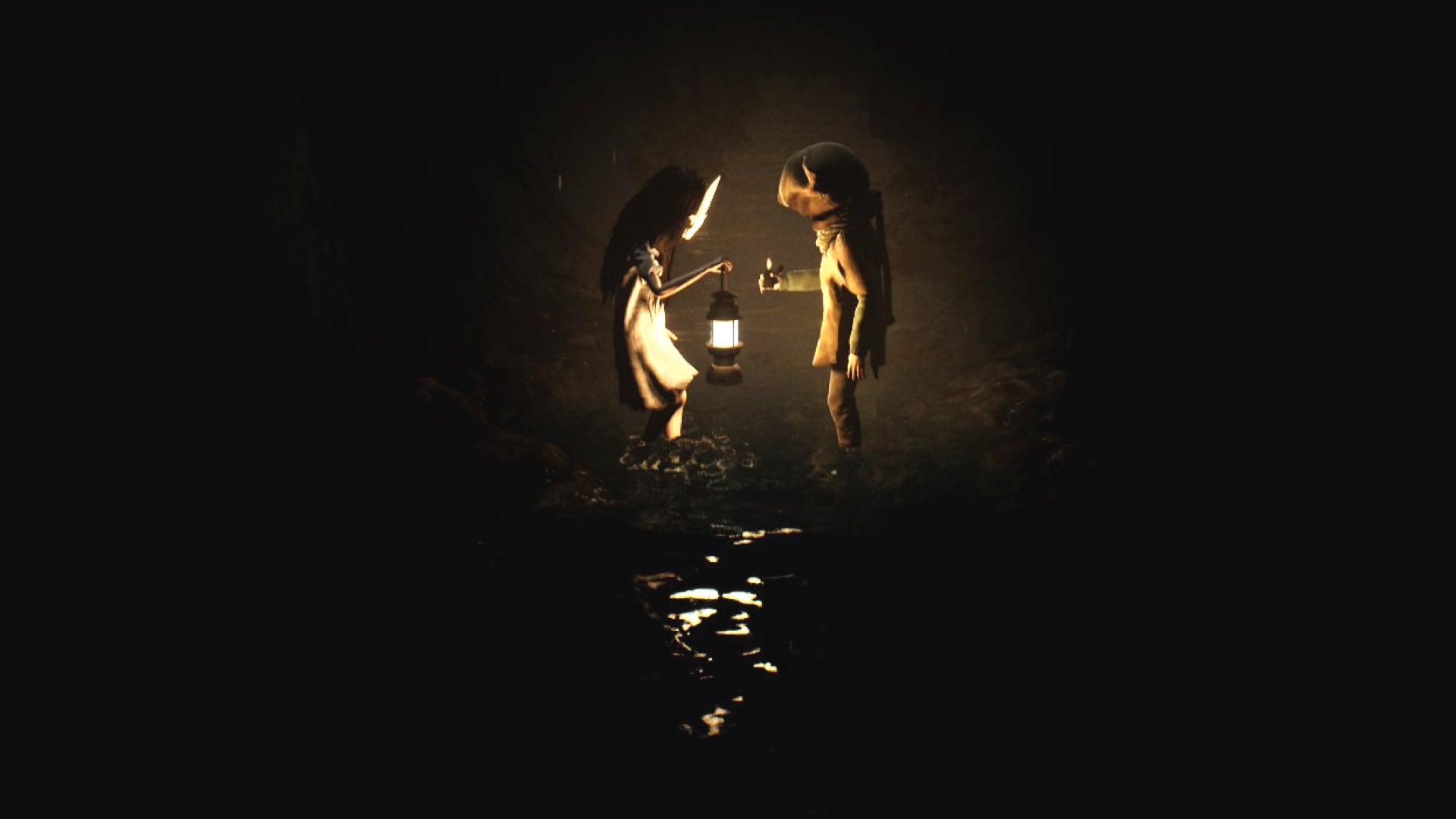 Reanimal screenshot showing its sibling protagonists - Boy and Girl - facing each other in a near-black tunnel, their raised lights reflecting in the water below.