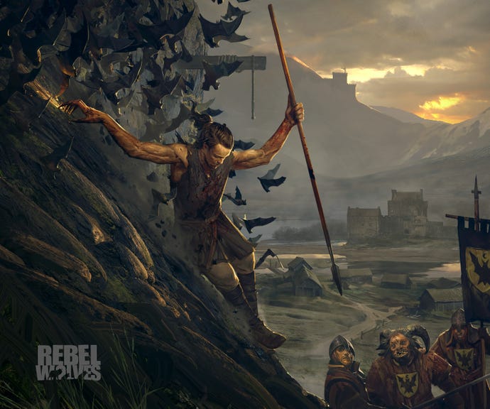 A spear-wielding vampire slids down a cliff towards surprised town guards in key art for the unnamed ‘dark fantasy RPG’ made by Rebel Wolves.