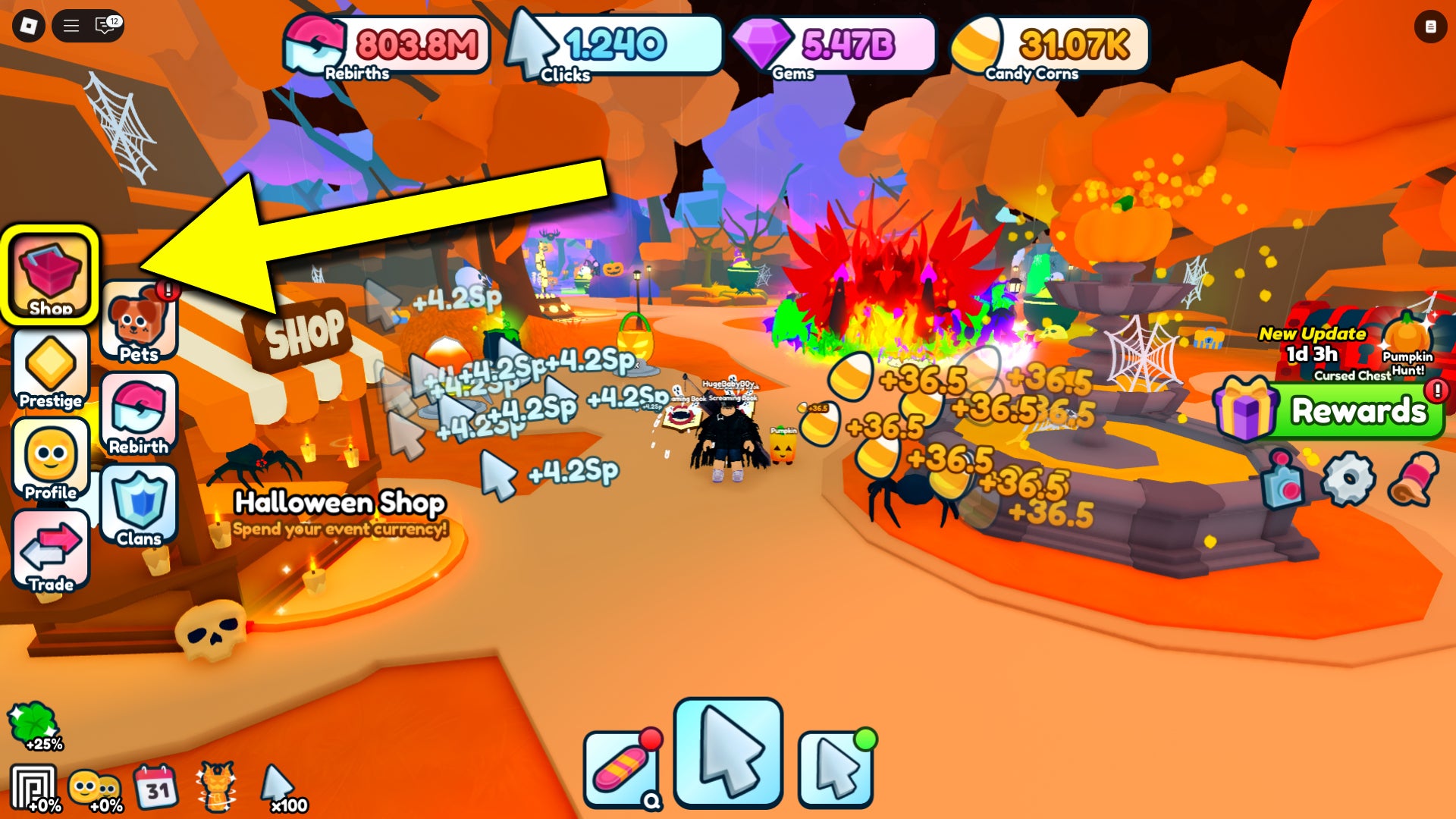 An in-game screenshot from the Roblox game Rebirth Champions: Ultimate, featuring an arrow pointing to the shop button where you can bring up the shop tab. - 3