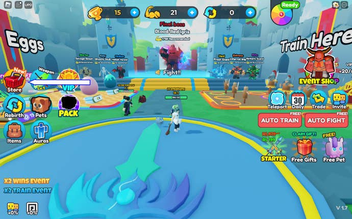 A screenshot of Reborn As Swordsman in Roblox showing the game’s Store button.