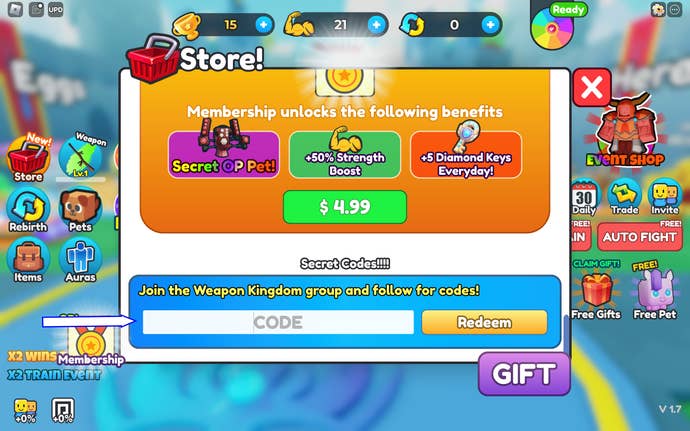 A screenshot of Reborn As Swordsman in Roblox showing the game’s codes field.