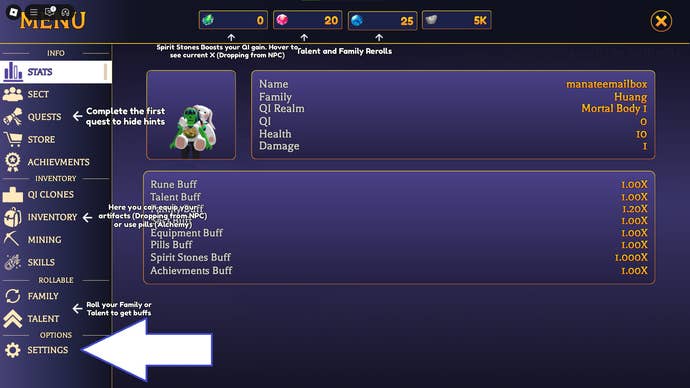 A screenshot of Reborn Cultivation in Roblox showing the game's settings button.