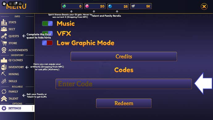 A screenshot of Reborn Cultivation in Roblox showing the game's codes field.