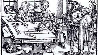 A Renaissance-era engraving of a counting board, or early abacus.