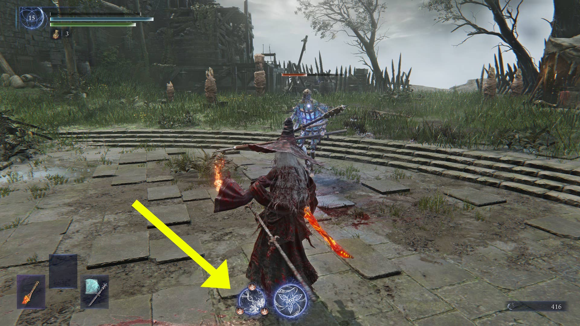 Recluse is preparing to cast a magical cocktail in Elden Ring: Nightreign. The arrows indicate ready-to-use magic cocktail icons.