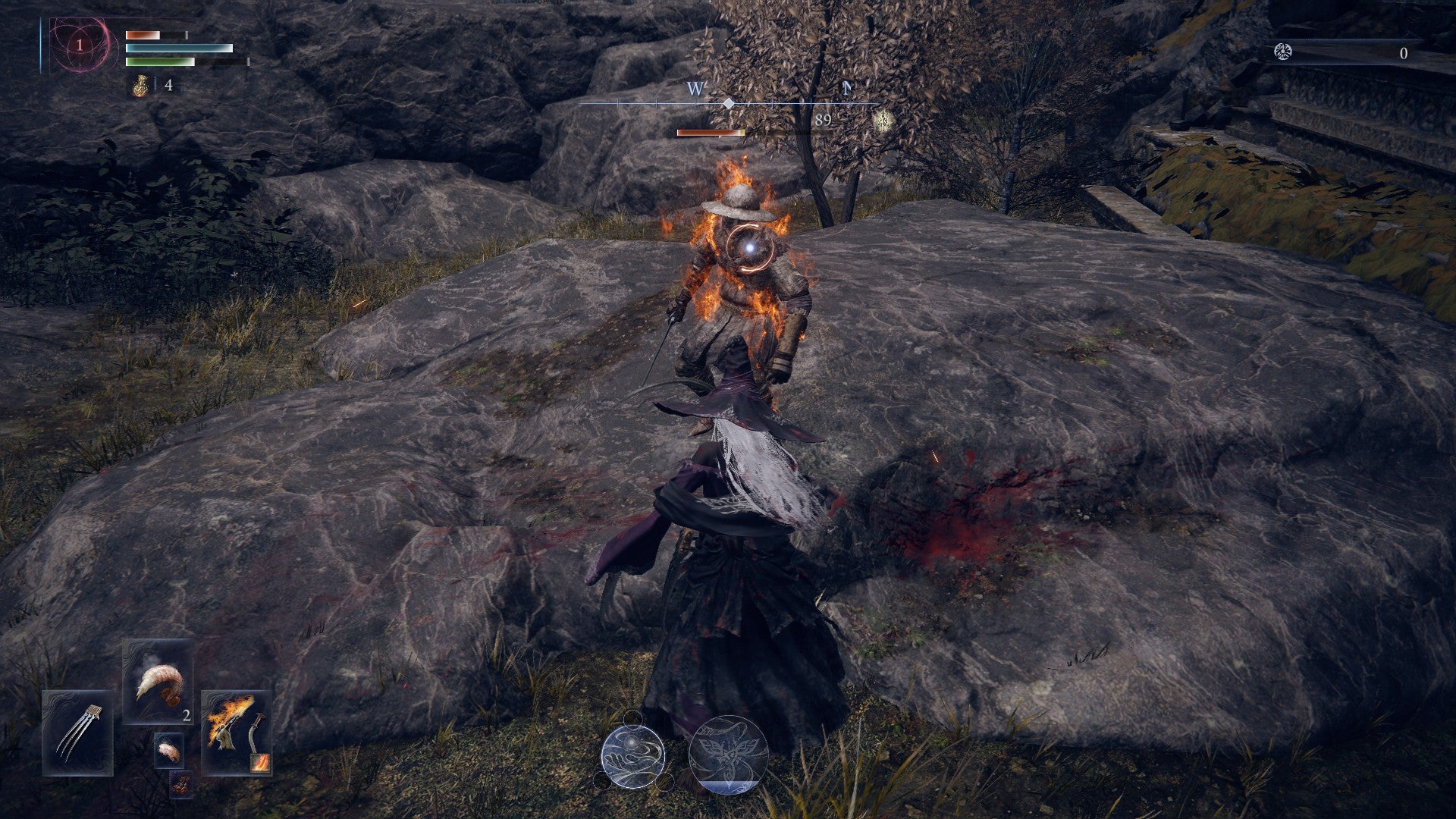 Recluse targets an Elden Ring: Nightreign enemy with a Fire elemental attack, leaving a red lock-on circle on them. - 4