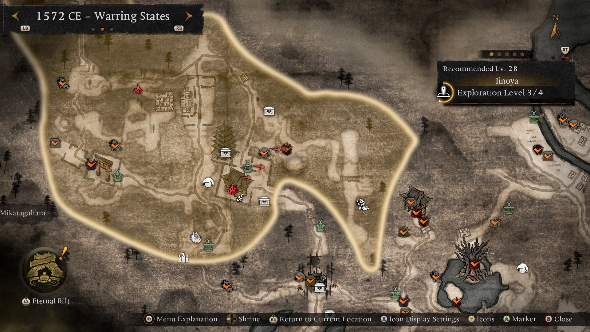 A map in Nioh 3, with three red arrows visible showing the direction of a Revenant's malice.
