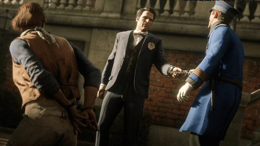 Red Dead Online - Guido Martelli hands something to a police officer in Saint Denis while another person kneels on the ground in handcuffs.