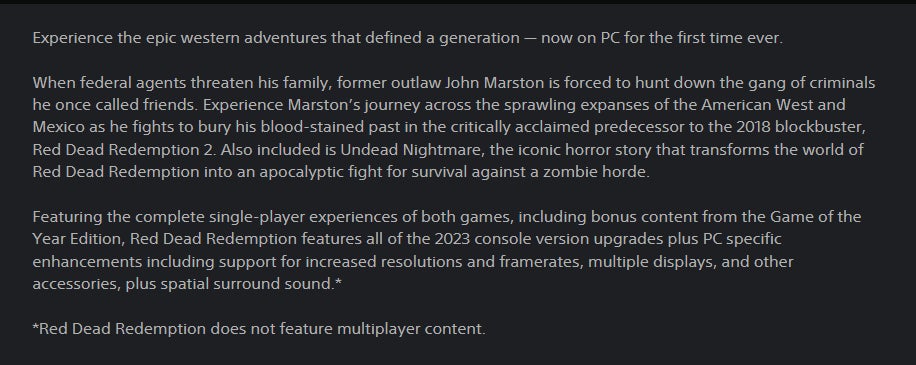 The now deleted PC release information for Red Dead Redemption on PC from the PlayStation Store. - 3