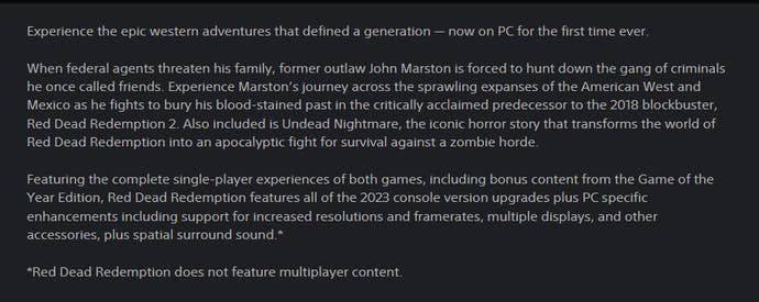 The now deleted PC release information for Red Dead Redemption on PC from the PlayStation Store.