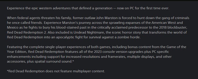 The now deleted PC release information for Red Dead Redemption on PC from the PlayStation Store.