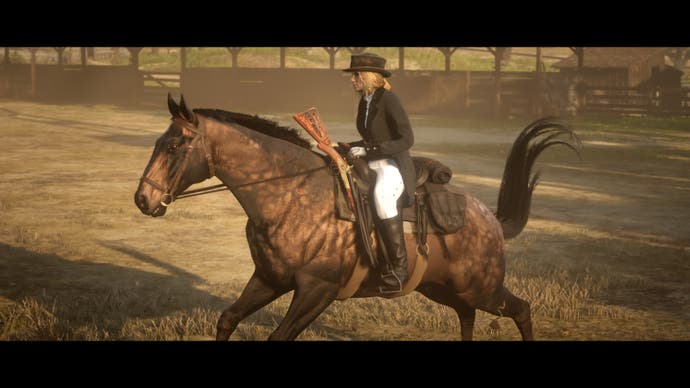 A lady riding a horse through the dust at a ranch in Red Dead Online.
