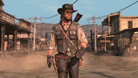 Cowboy-man John Marston sidles down a town high street in Red Dead Redemption 1