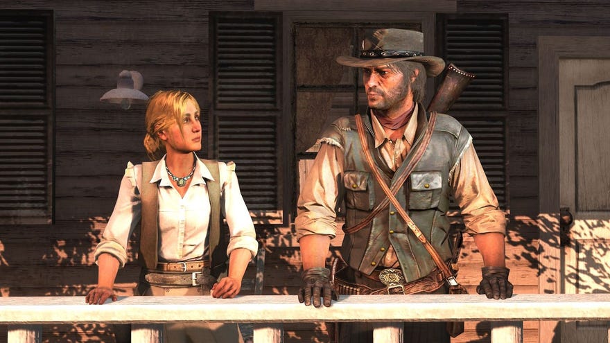 John Marston and Bonnie MacFarlane stand side by side on a porch.