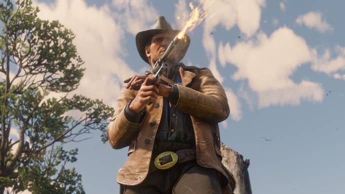 Red Dead Redemption 2 main character Arthur Morgan firing a pistol.